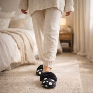 Victorias Secret Slippers‎ Womens M 7-8 Black Polka Dot Satin Faux Fur Slide